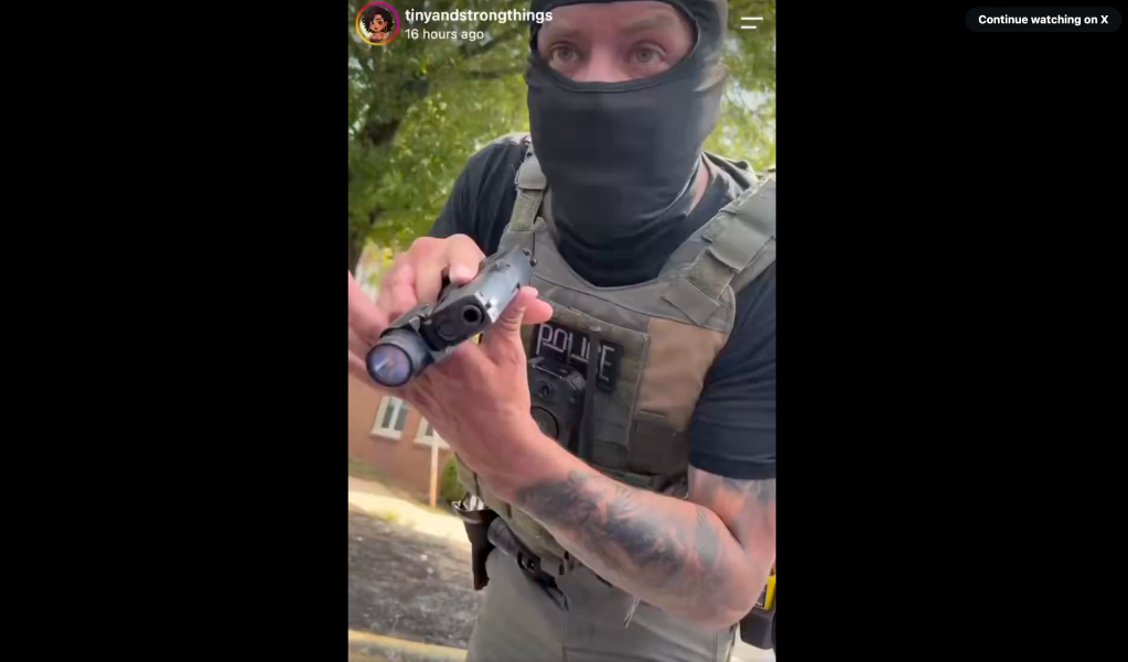 A person wearing a black mask and tactical gear, holding a police-style firearm.