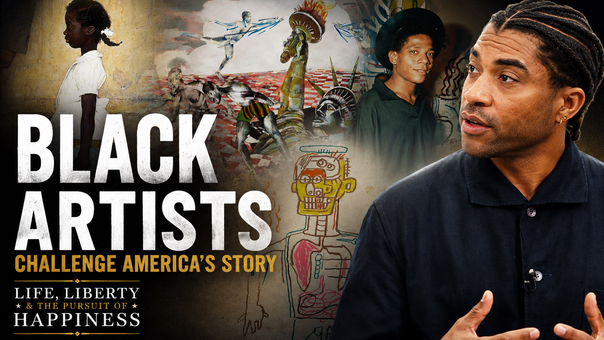 A man with dreadlocks speaking in front of a mural depicting Black artists and their contributions to American culture.