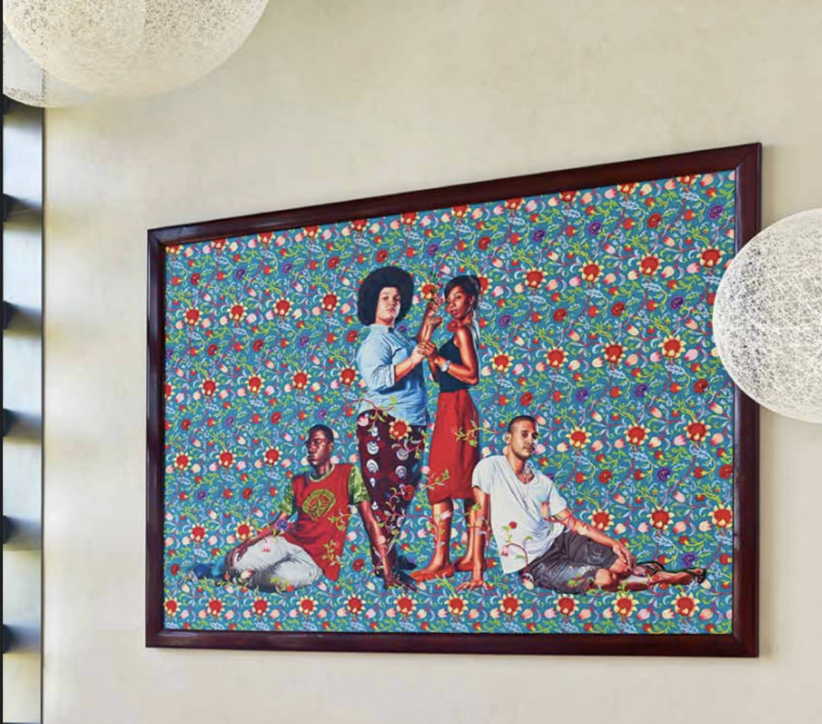 Colorful floral wallpaper background with four people sitting and interacting in the foreground.