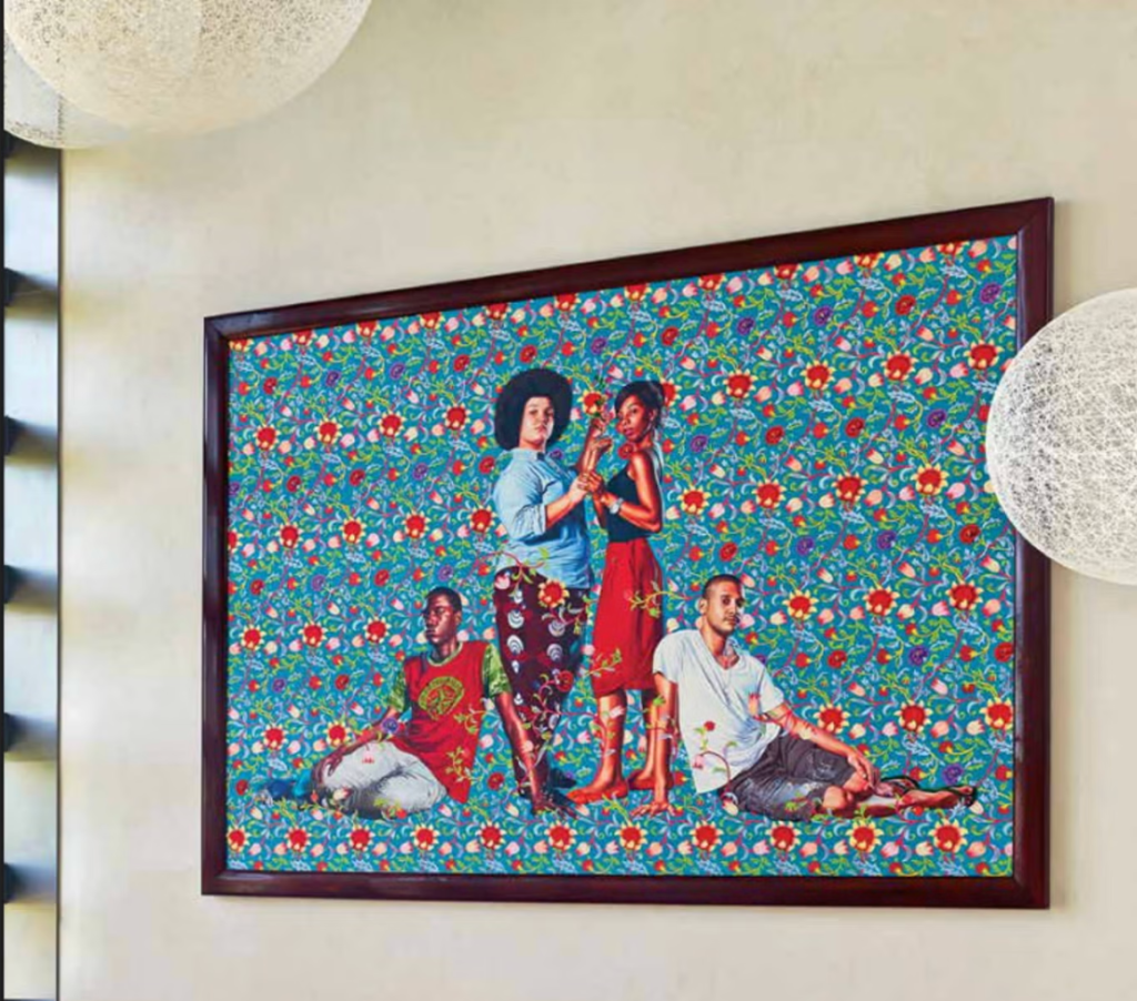 Colorful floral wallpaper background with four people sitting and interacting in the foreground.