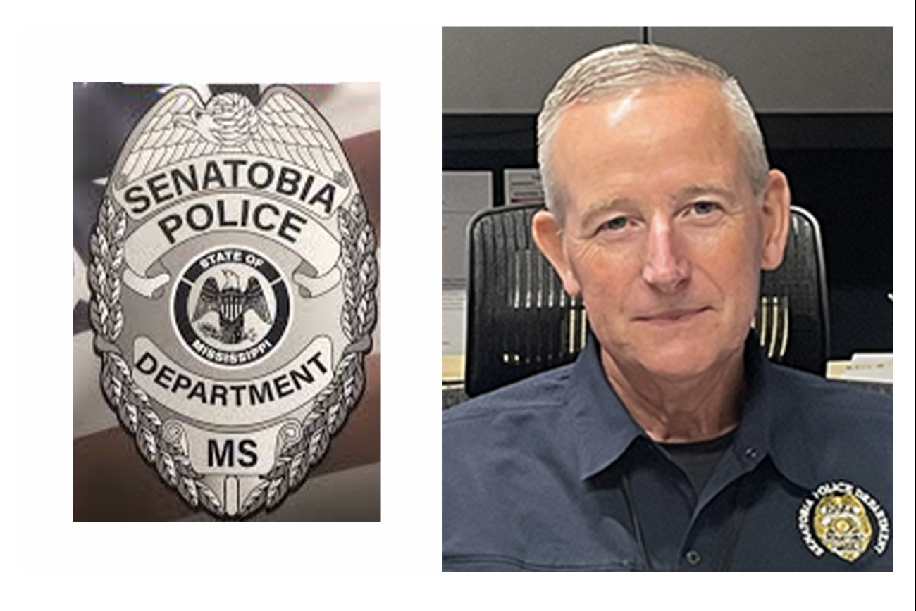 Senatorbia Police Department badge and portrait of a police officer in uniform.
