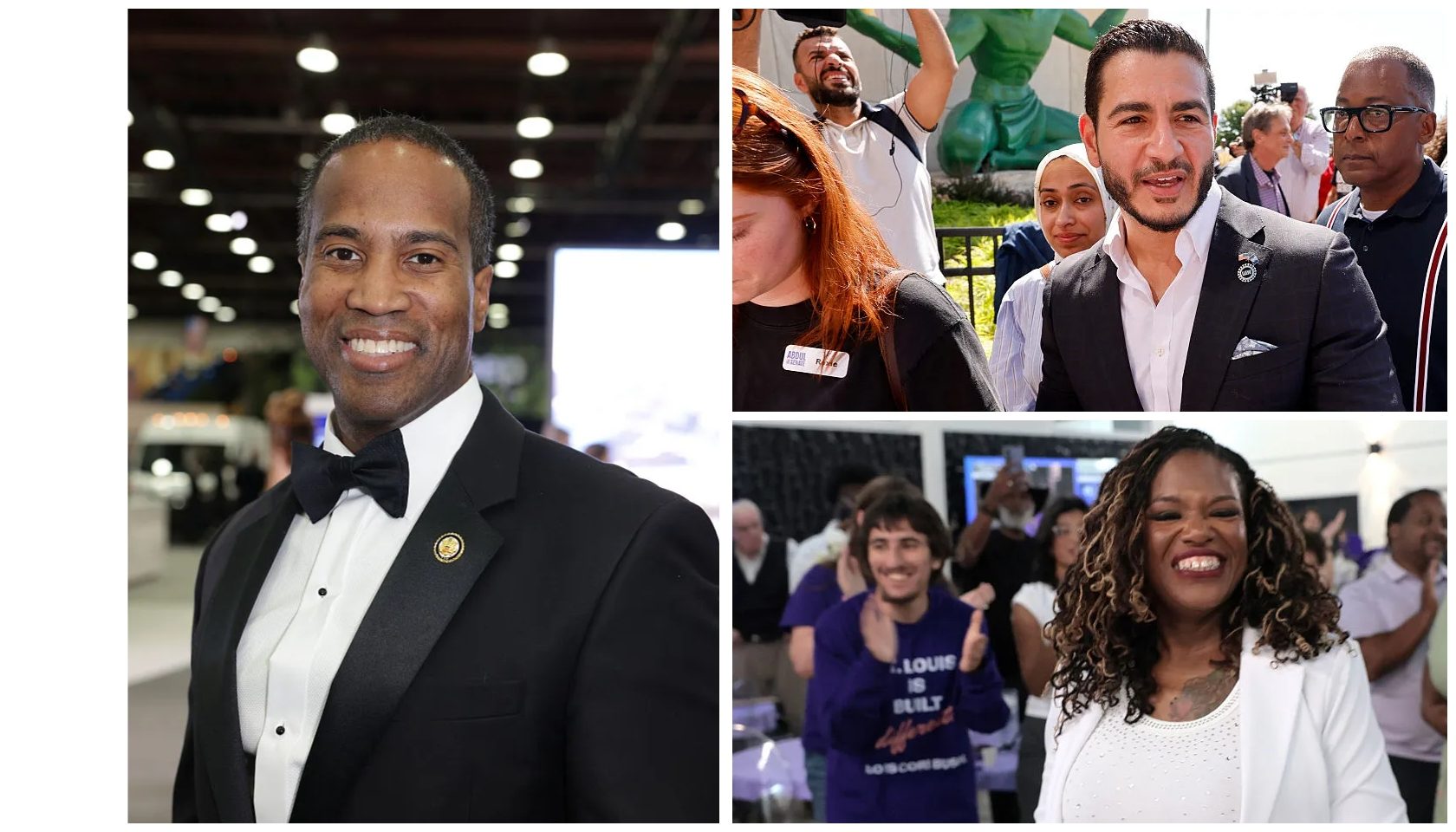 A collage of four images: a smiling man in a tuxedo, a group of people at an event, a woman with curly hair smiling, and a man in a suit posing with others.