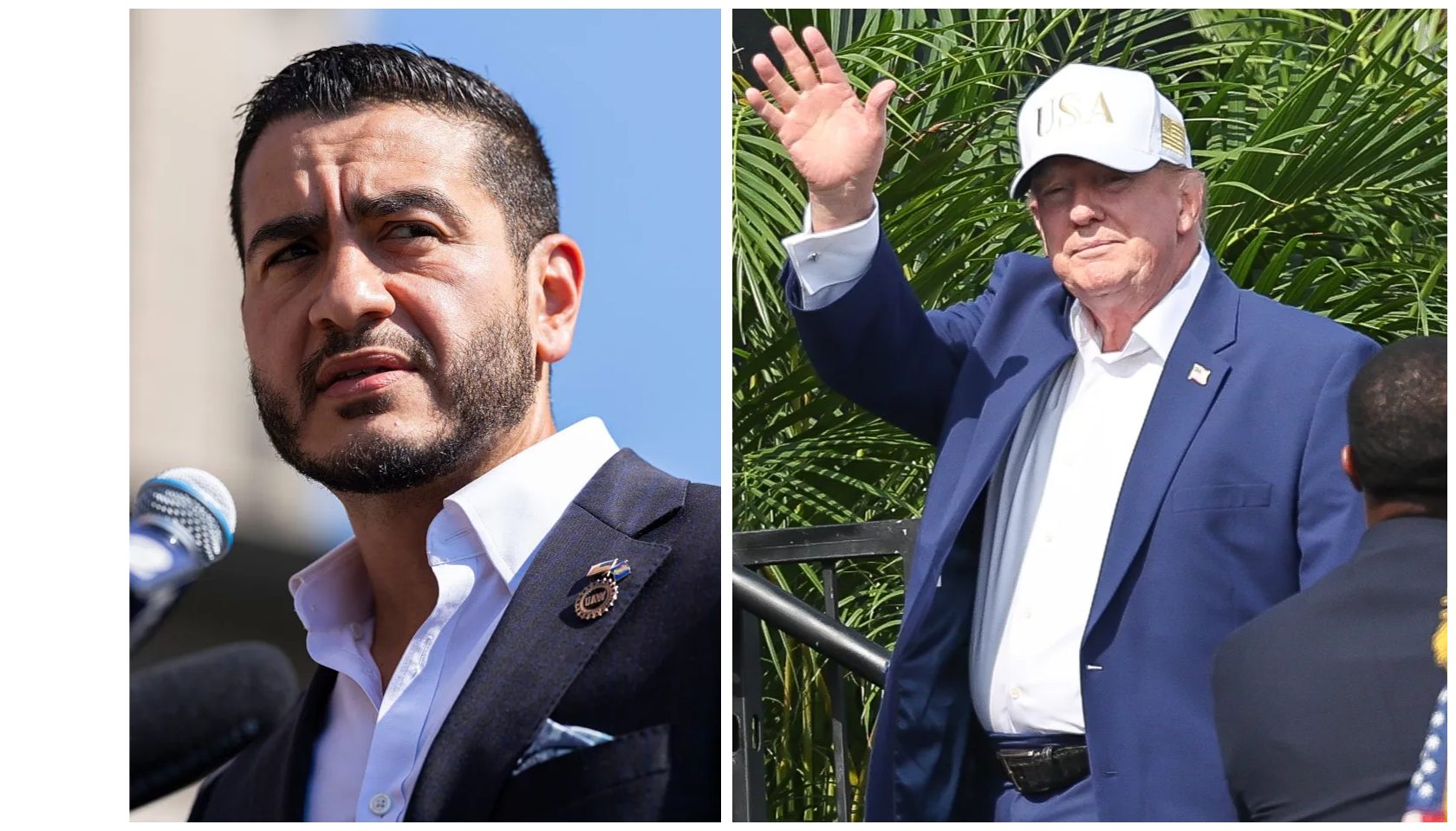 Two men in suits, one with a beard gesturing while speaking, the other waving in an outdoor setting with palm trees.