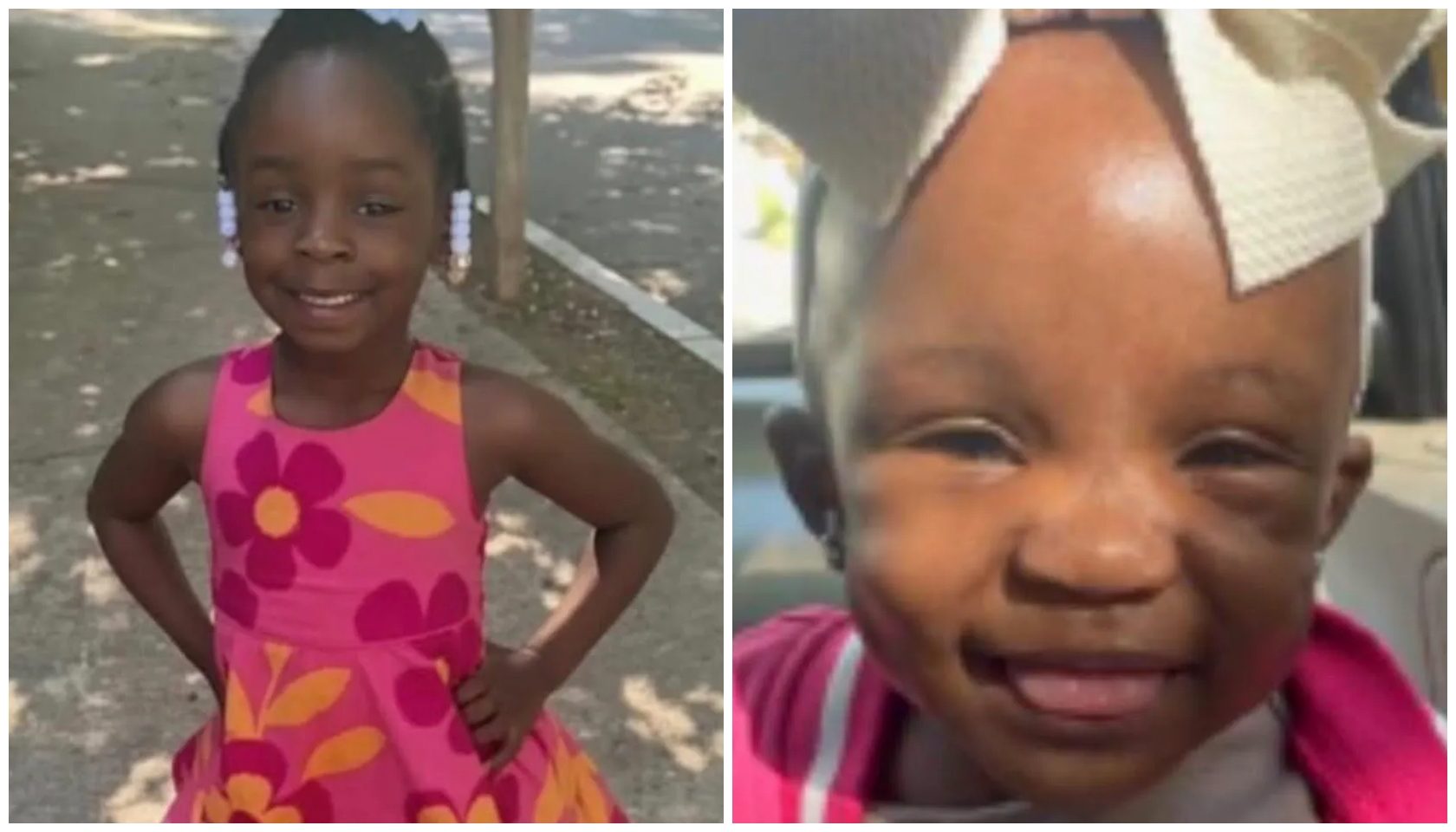 Two smiling young Black girls, one wearing a pink and orange floral dress and the other a pink headband.