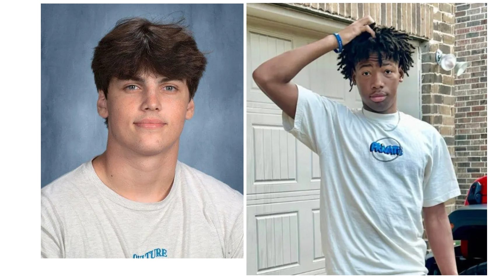 Two portraits: a young man with short brown hair wearing a white t-shirt, and a young man with dreadlocks wearing a white t-shirt with a NASA logo.