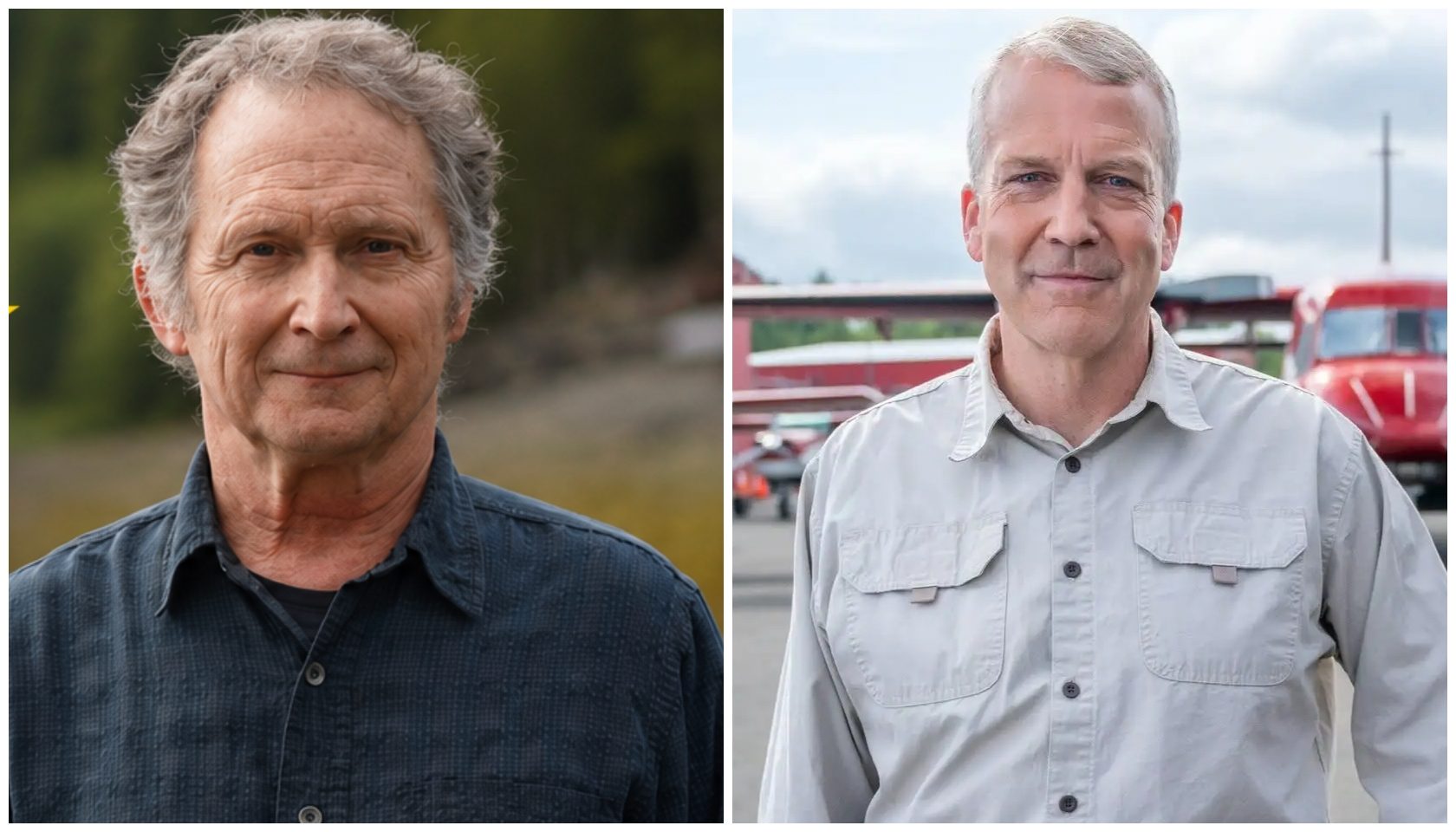 Two headshots of older men, one with gray curly hair wearing a dark shirt, the other with short gray hair wearing a light-colored shirt.