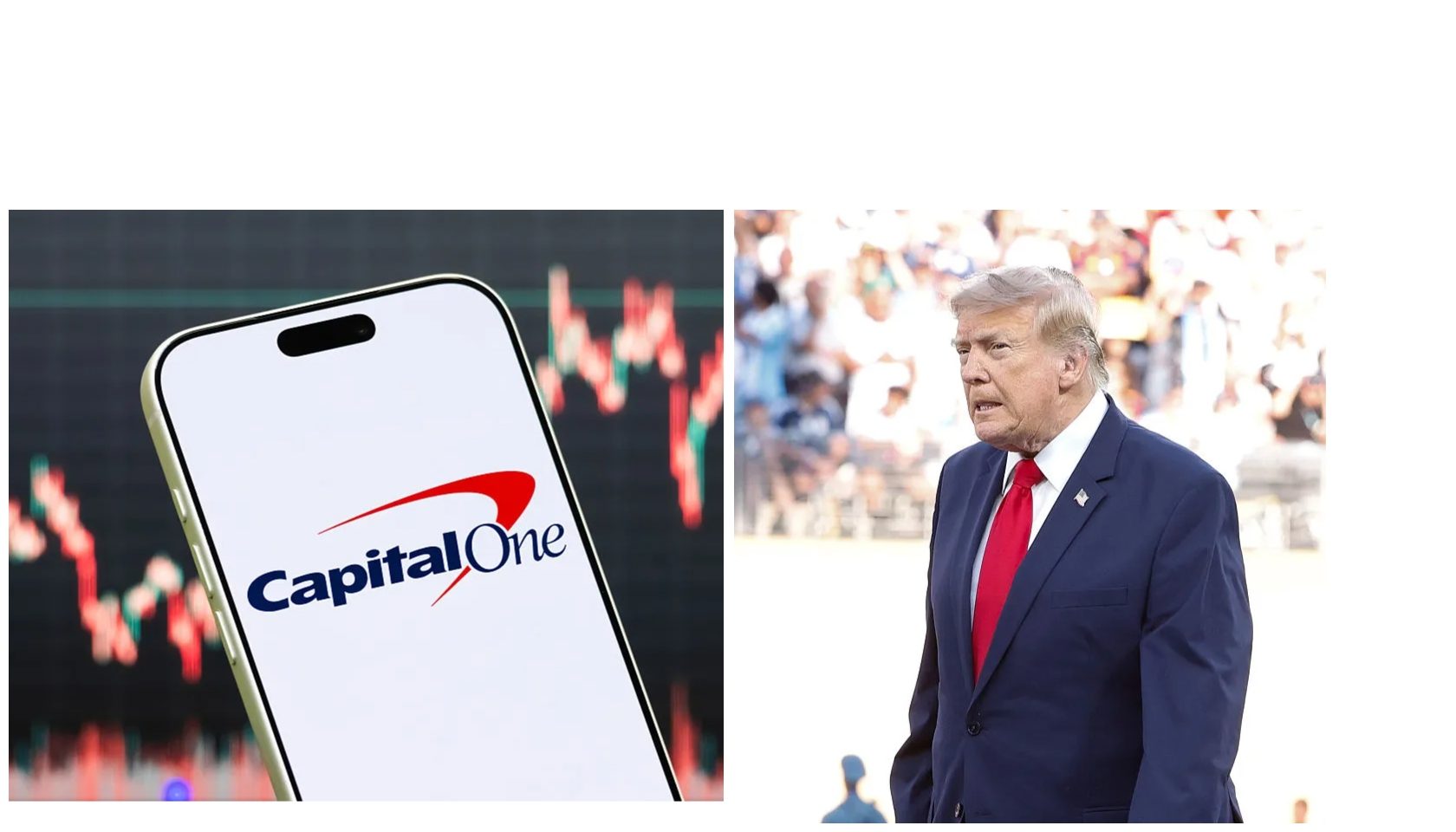 A smartphone screen displaying the Capital One logo against a stock market chart, and a portrait of former U.S. President Donald Trump in a suit and red tie.