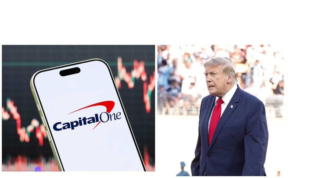 A smartphone screen displaying the Capital One logo against a stock market chart, and a portrait of former U.S. President Donald Trump in a suit and red tie.